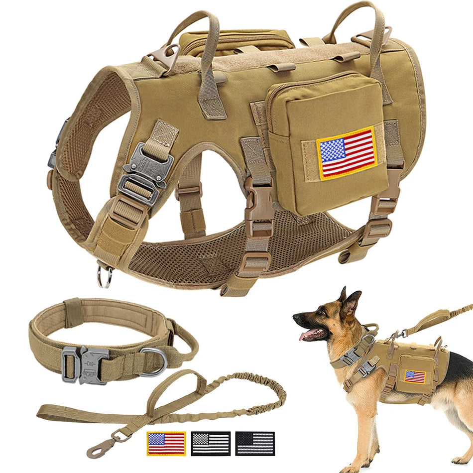 Tactical Nylon Dog Collar, Harness, Leash & Pouch Combo